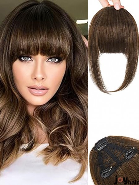 Clip in Bangs 100% Human Hair 3 Secure Clips in Full Blunt Cut Bangs Clip in Hair Extensions, Brown Fake Bangs Fringe with Temples Hairpieces for Women Daily Wear