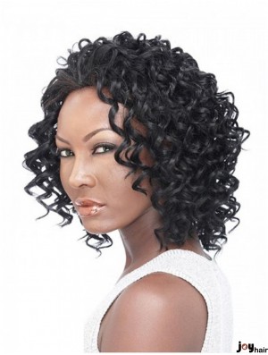 Curly Brazilian Remy Hair Black Shoulder Length Natural 3/4 Wigs