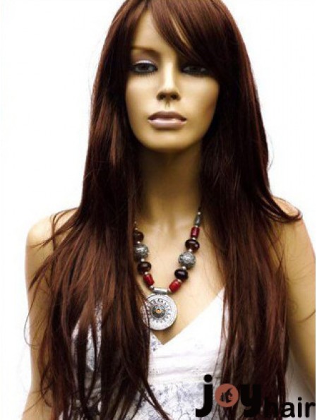 Human Hair Wig Long Length Auburn Color Lace Front With Bangs