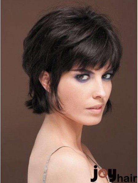 Naturally Straight Human Hair Wig With Bangs Capless Short Length Black Color