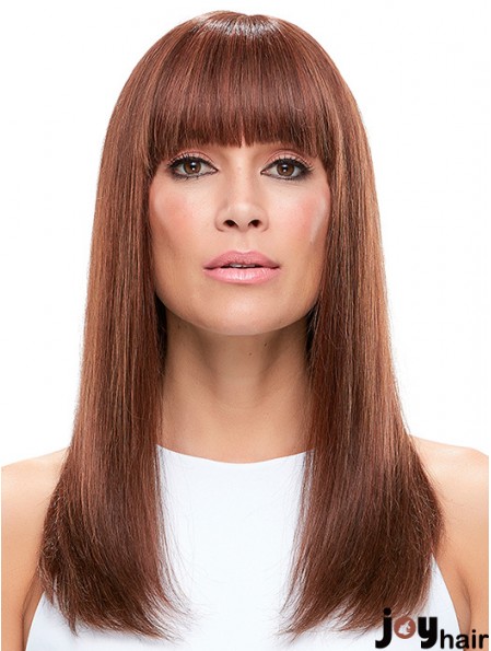 100% Hand Tied Auburn Long Straight With Bangs Wigs For Women