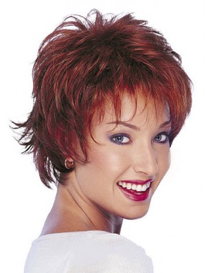 Discount Red Short Human Hair Natural Wavy Wigs