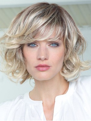 Human Hair Blonde Curly Wigs With Bangs Shoulder Length