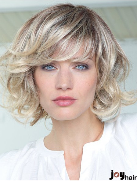 Human Hair Blonde Curly Wigs With Bangs Shoulder Length