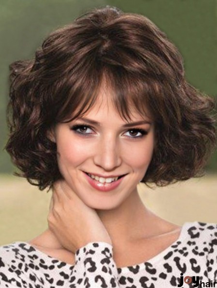 Wavy Wigs Human Hair Wigs With Bangs Brown Hair Chin Length