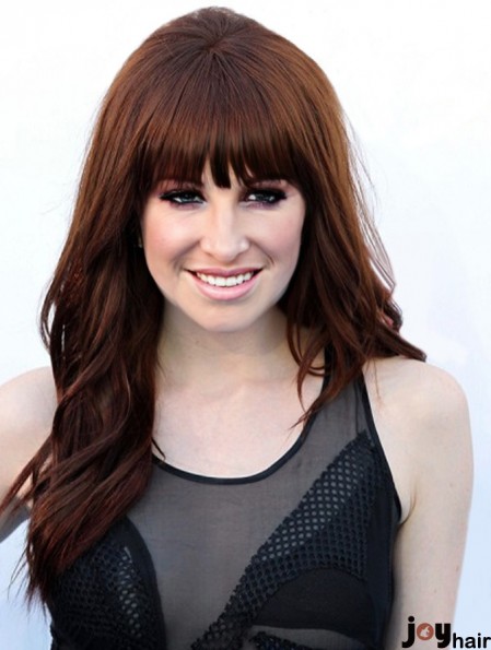 Carly Rae Jepsen Wigs With Bangs Long Length Wavy Style Auburn Color