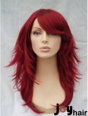 Red Human Hair Wigs Full Wig With Bangs Wavy Style Shoulder Length