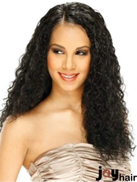 Human Hair Lace Front Wig Curly Style Long Length Black Color