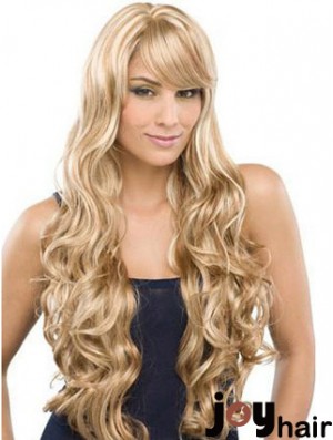 Long 100% Hand Tied Wavy With Bangs Monofilament Lace Front Wigs