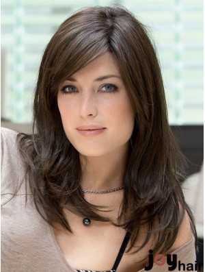 Human Hair Lace Front Wig With Bangs Brown Color Long Length