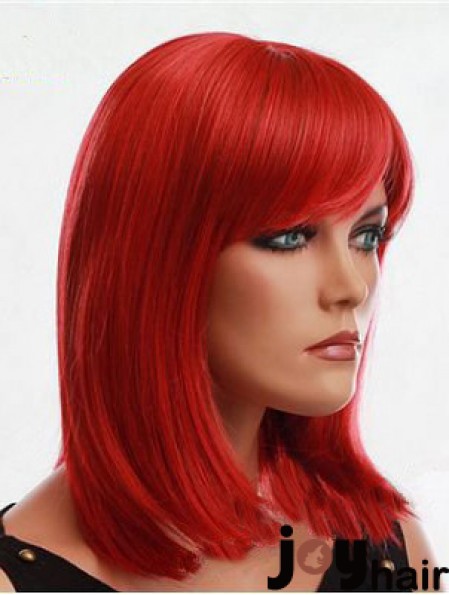 Human Hair Red Wig With Bangs Capless Red Color Straight Style