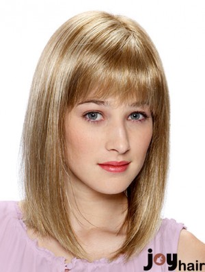 Lace Front Human Hair Wigs Blonde Color Shoulder Length With Bangs