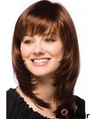 Layered Wig Auburn Human Hair Shoulder Length Wig With Bangs