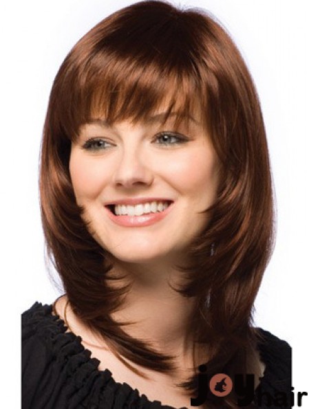 Layered Wig Auburn Human Hair Shoulder Length Wig With Bangs