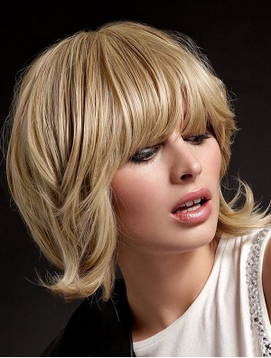 Human Hair Hand Tied Wigs With Bangs Blonde Color Shoulder Length