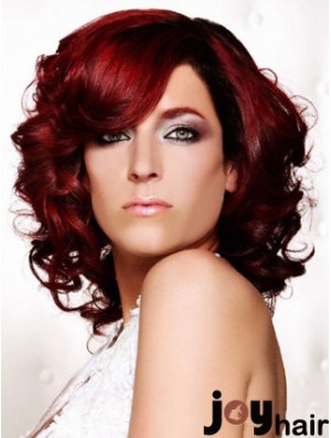 Curly With Bangs Shoulder Length Red Ideal Lace Front Wigs