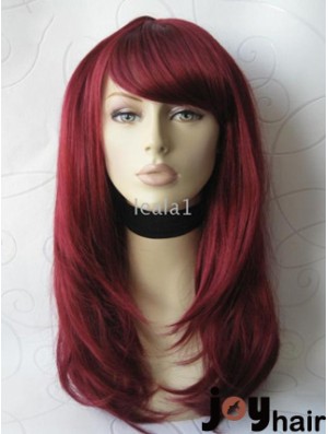 Front Lace Wig With Bangs Long Length Straight Style Red Color