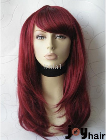 Front Lace Wig With Bangs Long Length Straight Style Red Color