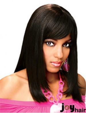 Full Human Hair Wigs With Bangs Full Lace Shoulder Length Black Color