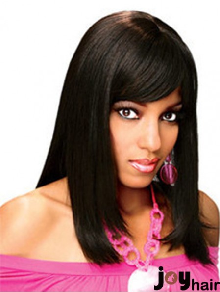 Full Human Hair Wigs With Bangs Full Lace Shoulder Length Black Color