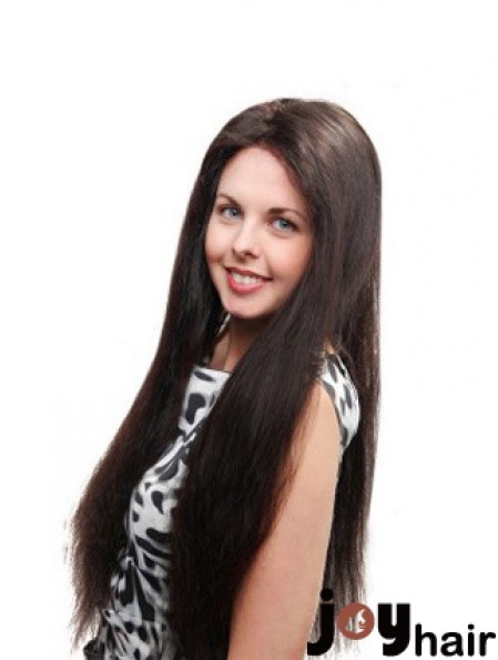 Straight Without Bangs 100% Hand-tied Sleek 26 inch Black Long Wigs