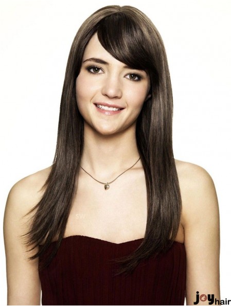 Brown Human Hair Wig Shoulder Length Straight Style With Bangs