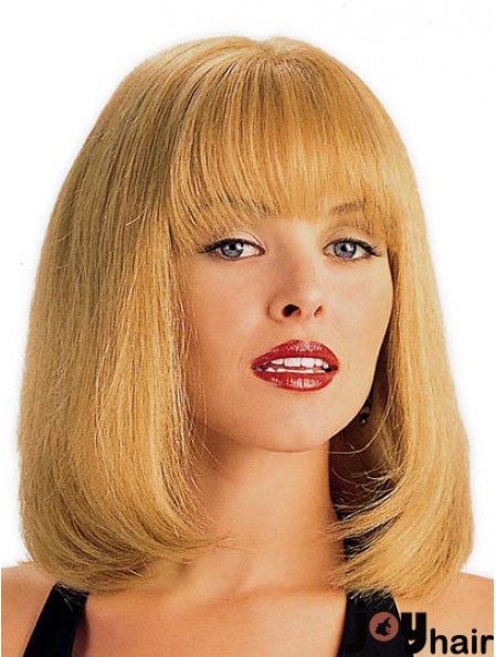 Human Hair Wig Blonde With Bangs Straight Style Shoulder Length