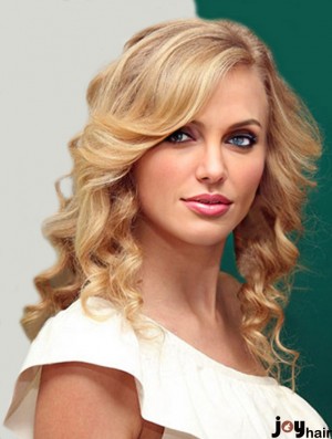 100% Hand-tied With Bangs Wavy Shoulder Length Blonde Suitable  Wigs