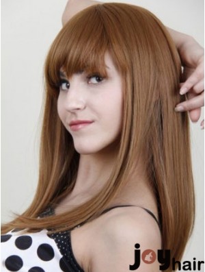 With Bangs Stylish Straight Auburn Long Human Hair Wigs