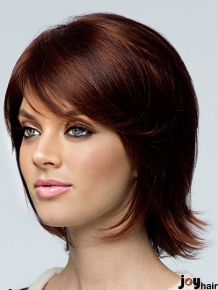 Human Hair Chin Length Brown Wavy With Bangs Hand Knotted Wigs