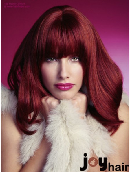 Straight With Bangs Shoulder Length Red Perfect Lace Front Wigs