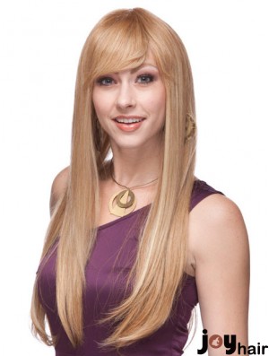 Straight With Bangs Monofilament Blonde Top Long Wigs