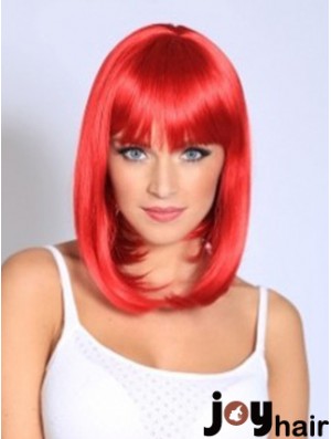 Straight With Bangs Shoulder Length Red Fashionable Lace Front Wigs