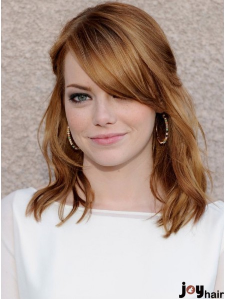 100% Hand-tied Wavy With Bangs Shoulder Length 16 inch Human Hair Emma Stone Wigs