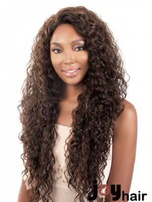 Long Brown Kinky Without Bangs Durable African American Wigs