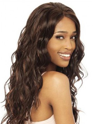 Without Bangs Modern Wavy Brown Long Human Hair Lace Front Wigs