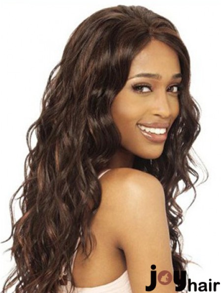 Without Bangs Modern Wavy Brown Long Human Hair Lace Front Wigs