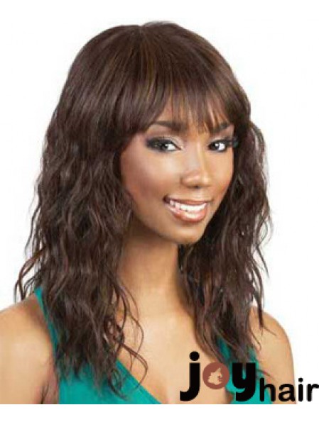 Shoulder Length Auburn Wavy With Bangs Soft African American Wigs