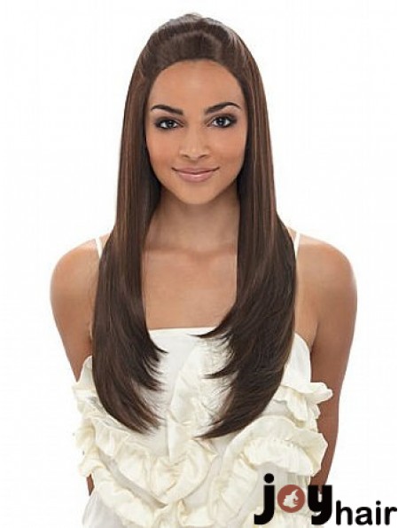 Long Brown Straight Without Bangs Fashionable African American Wigs