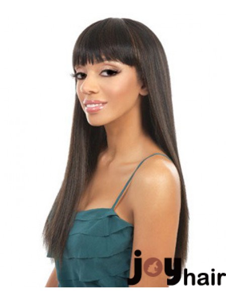 Long Brown Yaki With Bangs Durable African American Wigs