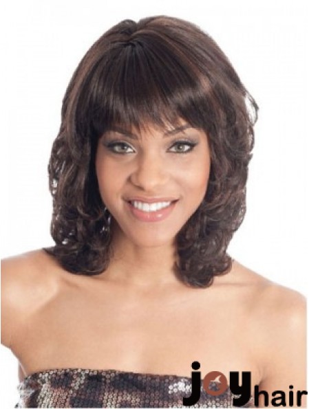 Shoulder Length Brown Wavy With Bangs Fashion African American Wigs