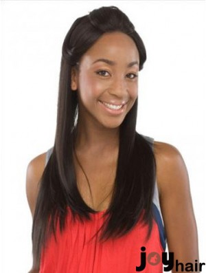 Without Bangs Sleek Straight Black Long Human Hair Lace Front Wigs