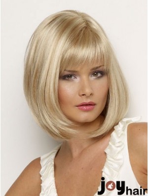 Chin Length Blonde Wig Synthetic Wig With Bangs Straight Hair