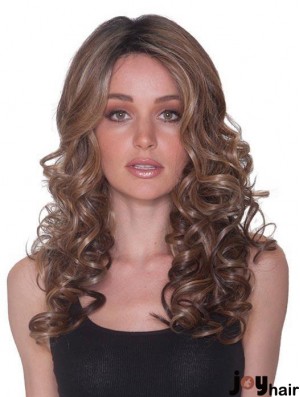 Without Bangs 100% Hand-tied 18 inch Curly Brown Long Wigs