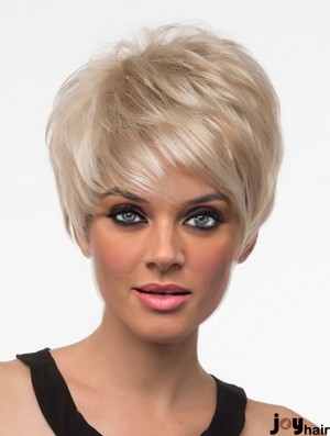 Short Synthetic Wigs With Bangs Blonde Color Straight Style