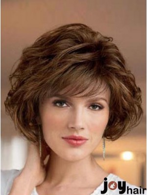 UK Synthetic Wigs Bobs Cut Short Length Brown Color Wavy Style