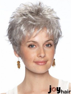 Short Grey Wig With Synthetic Lace Front Wavy Style Grey Cut