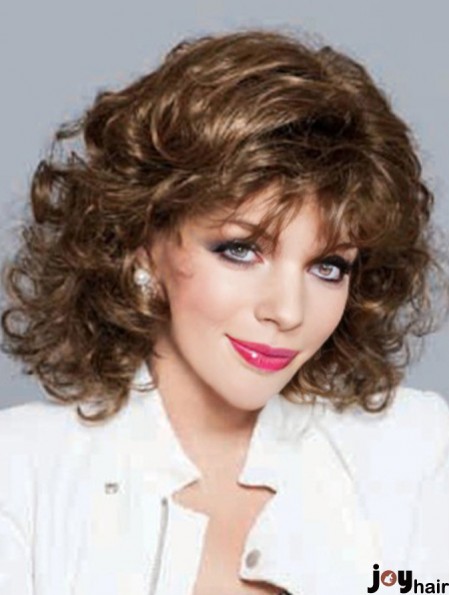 No-Fuss Brown Shoulder Length Curly With Bangs Lace Front Wigs