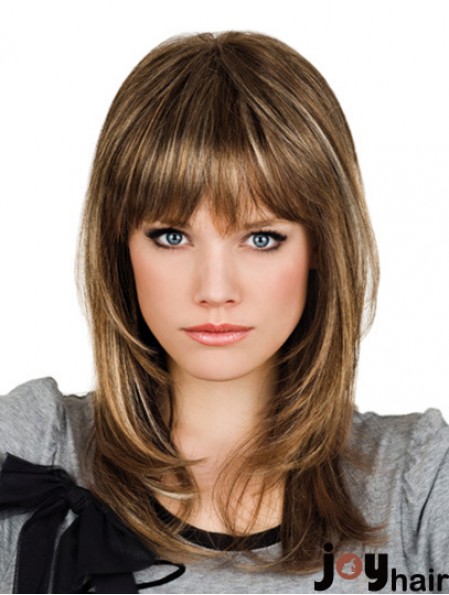 Brown Shoulder Length Wavy With Bangs 14 inch Suitable Medium Wigs