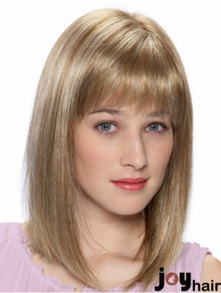 Blonde Shoulder Length Straight With Bangs 14 inch Cheap Medium Wigs